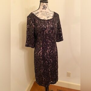 HOLIDAY PERFECT! Black Sequin Dress w Pink underlay Elbow-Length Sleeves MED.EUC